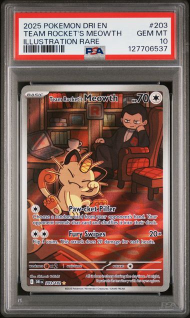 Team Rocket's Meowth #203 Illustration Rare PSA 10 (2025 Destined Rivals)