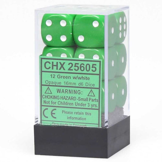 Opaque 16mm d6 Green/White Dice Block (12 dice)