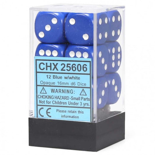 Opaque 16mm d6 Blue/White Dice Block (12 dice)