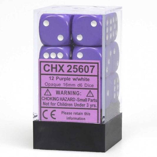 Opaque 16mm d6 Purple/White Dice Block (12 dice)