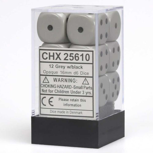 Opaque 16mm d6 Grey/Black Dice Block (12 dice)