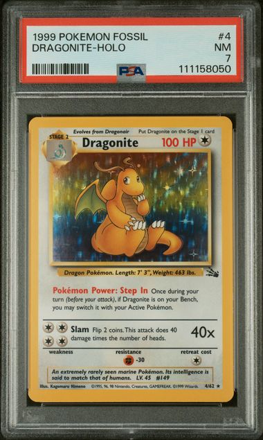 1999 Pokémon Fossil Dragonite Holo #4 – PSA 7 (Near Mint)