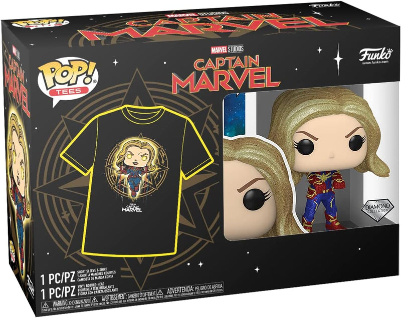 Captain Marvel Diamond Glitter Pop! Vinyl Figure with Black Adult Pop! T-Shirt - Inner Nerd